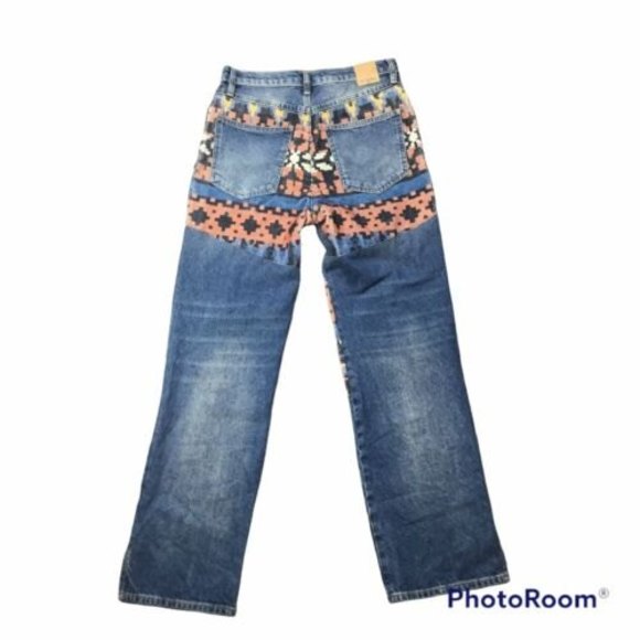 Free People Blue Jeans with Multicolor Tribal Pattern NWOT - Picture 3 of 10